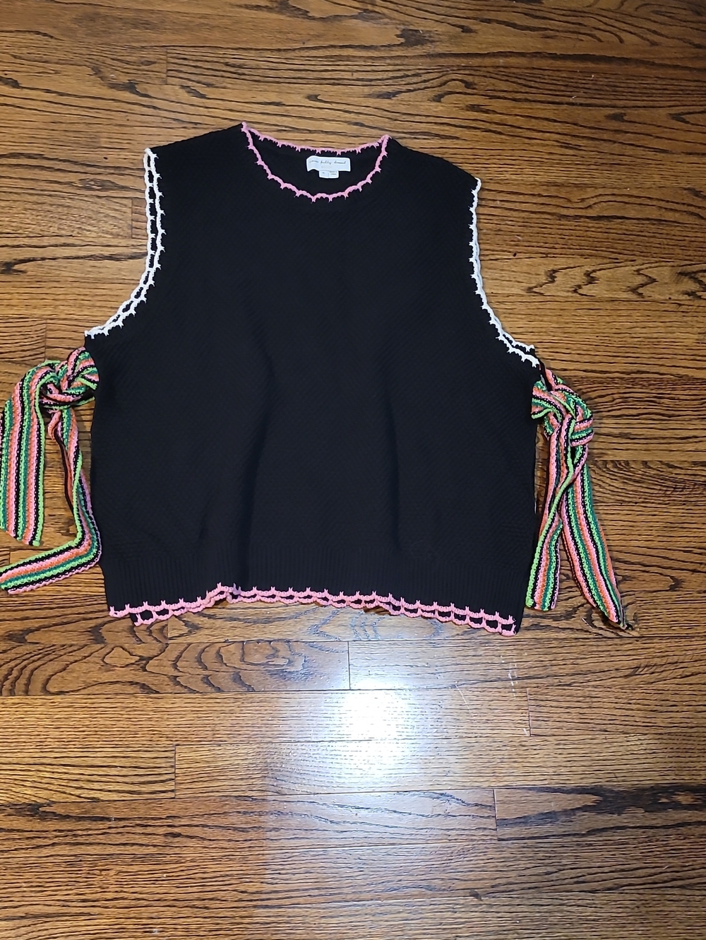 Never Fully Dressed Black Knit Tank with Pink Trim and Striped Side Ties